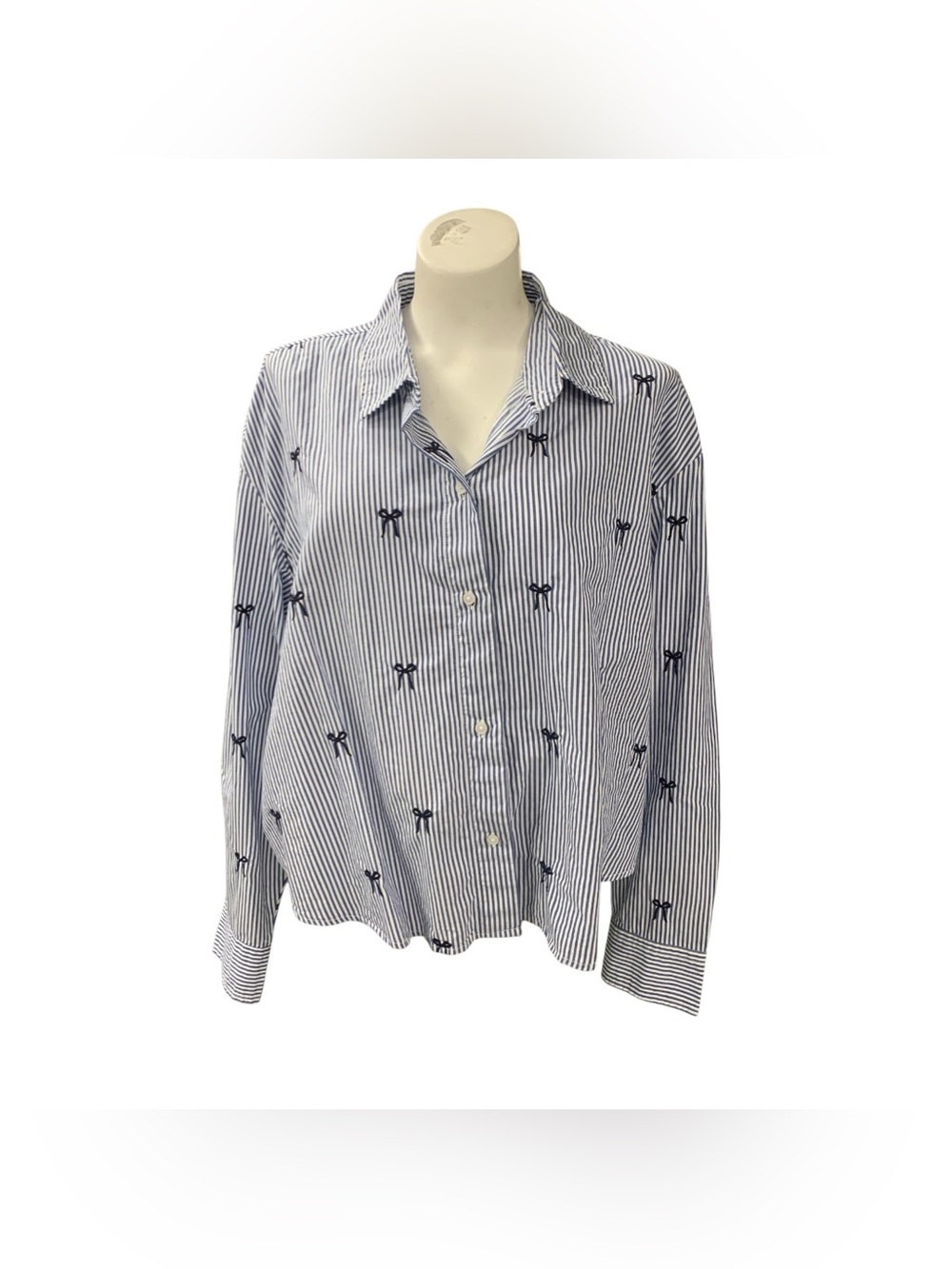 Old Navy Blue & White Striped Button-Down Shirt with Navy Bow Embroidery Size Xl